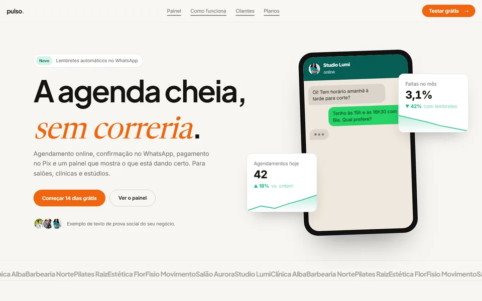 Prévia do template Pulso (venda de SaaS com painel)